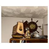 Collection of Nautical Decor with Model Boats and Ship Wheel Clocks