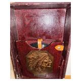 Antique Portable Phonograph with Native American Motif and Record Collection