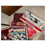 Collection of Classic Board Games including Monopoly, Upwords, Cribbage, and Scrabble Dictionary