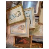 Collection of Vintage Framed Artwork and Prints Including Blue Puppy Illustrations