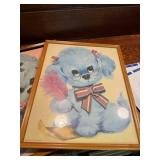 Collection of Vintage Framed Artwork and Prints Including Blue Puppy Illustrations