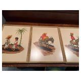 Set of 3 Vintage Mexican Folk Art Prints in Bamboo-Style Frames