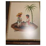 Set of 3 Vintage Mexican Folk Art Prints in Bamboo-Style Frames