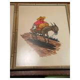 Set of 3 Vintage Mexican Folk Art Prints in Bamboo-Style Frames