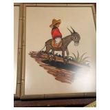 Set of 3 Vintage Mexican Folk Art Prints in Bamboo-Style Frames