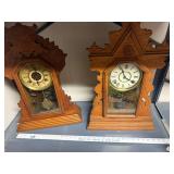 Pair of Antique Wooden Mantel Clocks with Ornate Carvings
