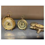 Set of 3 Vintage Brass and Metal Table Clocks Including Turtle Clock