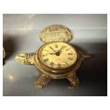 Set of 3 Vintage Brass and Metal Table Clocks Including Turtle Clock