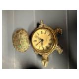 Set of 3 Vintage Brass and Metal Table Clocks Including Turtle Clock