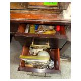 Vintage Wooden Desk with Organizer Hutch and Assorted Tools and Supplies