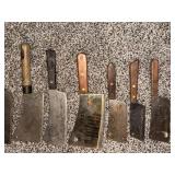 Collection of 7 Vintage Meat Cleavers with Wooden Handles