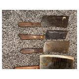 Collection of 7 Vintage Meat Cleavers with Wooden Handles