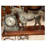 Vintage Horse and Horseshoe Mantel Clock on Wooden Base