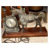 Vintage Horse and Horseshoe Mantel Clock on Wooden Base