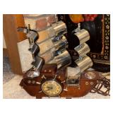 Vintage Wood and Metal Ship Desk Clock with Nautical Wheel Design