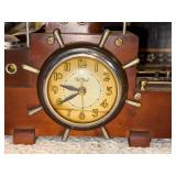 Vintage Wood and Metal Ship Desk Clock with Nautical Wheel Design