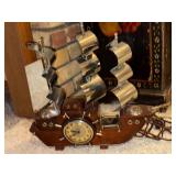 Vintage Wood and Metal Ship Desk Clock with Nautical Wheel Design