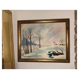 Framed Winter Landscape Painting Signed by Artist