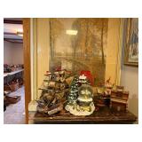 Collection of Decorative Ship Models, Snow Globe, and Miniature Piano