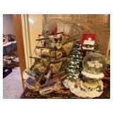 Collection of Decorative Ship Models, Snow Globe, and Miniature Piano