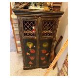 Antique Painted Wood Cabinet with Lattice Doors and Fruit Motif