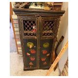 Antique Painted Wood Cabinet with Lattice Doors and Fruit Motif