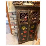 Antique Painted Wood Cabinet with Lattice Doors and Fruit Motif