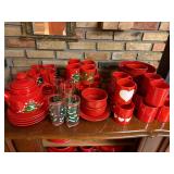 Large Collection of Red Christmas Dinnerware and Drinkware with Holiday Designs