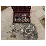 Assorted Vintage Silverplate Flatware and Serving Pieces with Wooden Box