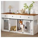 Real Relax 71" Double Dog Crate Furniture, Large Wooden Dog Kennel Furniture with 2 Drawers, Divider and Sliding Door, Indoor Dog House TV Stand for Medium Small Dogs, White