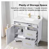 HOME DECORATORS COLLECTION Bliston 36 in Single sink Dove Gray finish with White Engineered stone top NEW