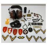 Misc. Wartime Military Collectibles Including Patches, Medals, Soldiers Pocket Cribbage Board, Trench Art Ring & More