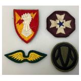 Misc. Wartime Military Collectibles Including Patches, Medals, Soldiers Pocket Cribbage Board, Trench Art Ring & More