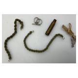 Misc. Wartime Military Collectibles Including Patches, Medals, Soldiers Pocket Cribbage Board, Trench Art Ring & More