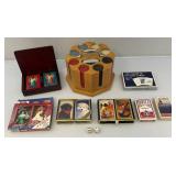 Vintage Poker Chips In Wooden Holder And Misc. Playing Cards (Some New In Pack) Vintage Poker Chips In Wooden Holder And Misc. Playing Cards (Some New In Pack)
