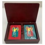Vintage Poker Chips In Wooden Holder And Misc. Playing Cards (Some New In Pack) Vintage Poker Chips In Wooden Holder And Misc. Playing Cards (Some New In Pack)