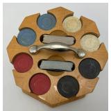 Vintage Poker Chips In Wooden Holder And Misc. Playing Cards (Some New In Pack) Vintage Poker Chips In Wooden Holder And Misc. Playing Cards (Some New In Pack)