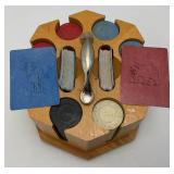 Vintage Poker Chips In Wooden Holder And Misc. Playing Cards (Some New In Pack) Vintage Poker Chips In Wooden Holder And Misc. Playing Cards (Some New In Pack)