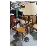 Floor Lamp, Maple Chair and Mahogany Table with Drawer. (29" x 19.5" x 11") Floor Lamp, Maple Chair and Mahogany Table with Drawer. (29" x 19.5" x 11")