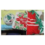 2- Vintage Christmas Tablecloths and 12-Vintage Hand Painted Dessert Christmas Plates 2- Vintage Christmas Tablecloths and 12-Vintage Hand Painted Dessert Christmas Plates