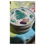 2- Vintage Christmas Tablecloths and 12-Vintage Hand Painted Dessert Christmas Plates 2- Vintage Christmas Tablecloths and 12-Vintage Hand Painted Dessert Christmas Plates