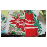 2- Vintage Christmas Tablecloths and 12-Vintage Hand Painted Dessert Christmas Plates 2- Vintage Christmas Tablecloths and 12-Vintage Hand Painted Dessert Christmas Plates