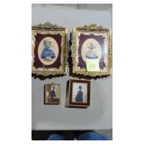 Pair of Vintage Petipoint Pictures and 2 Smaller Metal Framed Pictures Pair of Vintage Petipoint Pictures and 2 Smaller Metal Framed Pictures