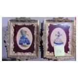 Pair of Vintage Petipoint Pictures and 2 Smaller Metal Framed Pictures Pair of Vintage Petipoint Pictures and 2 Smaller Metal Framed Pictures