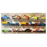 Collection of over 50  Vintage Die-Cast Toy Cars and Trucks in Display Case