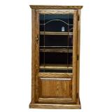 Vintage Wood Display Cabinet, Leaded Glass Door, Brass Handle and Adjustable Shelves