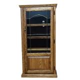 Vintage Wood Display Cabinet, Leaded Glass Door, Brass Handle and Adjustable Shelves