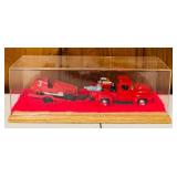 Vintage Truck & Trailer with Race Cars and Trailer Truck with Motorcycles in Display Boxes