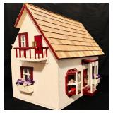 Doll House with Shingles / Not Furnished / White with Red and Flowers