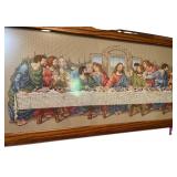Framed Cross Stitch Depiction of The Last Supper with Display Light Framed Cross Stitch Depiction of The Last Supper with Display Light
